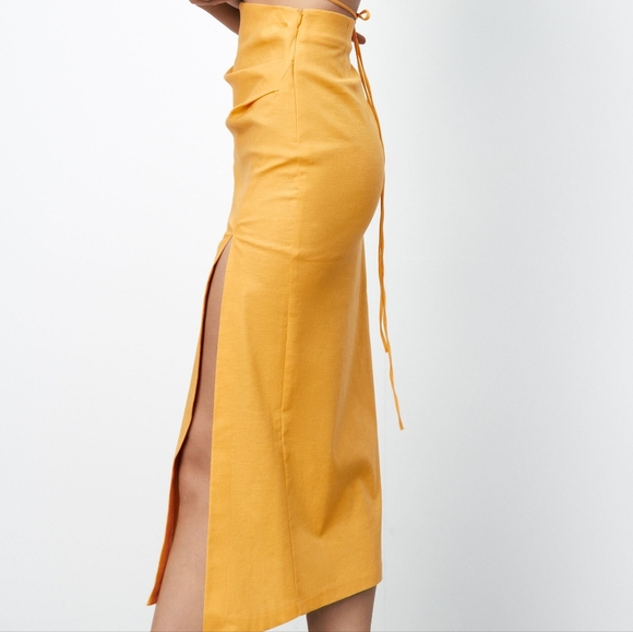 NWT ZARA Tropical Yellow Linen Blend Ruched Midi Skirt L - Picture 4 of 8